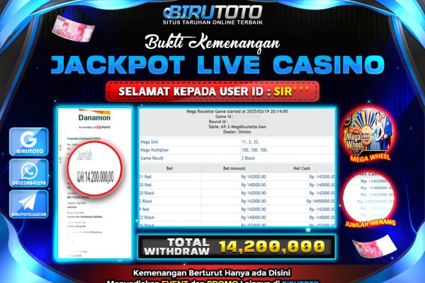Bukti JP Live Casino Mega Wheel BIRUTOTO 20 Febuari 2025 Rp 14.200.000, – LUNAS