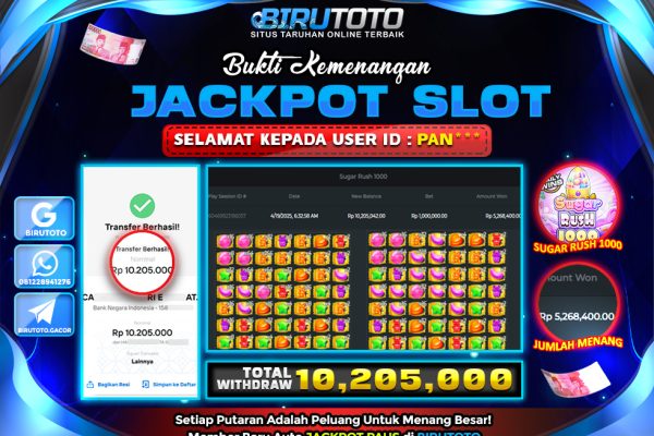 Bukti JP Slot Sugar Rush 1000 BIRUTOTO 19 April 2025 Rp 10.205.000, – LUNAS