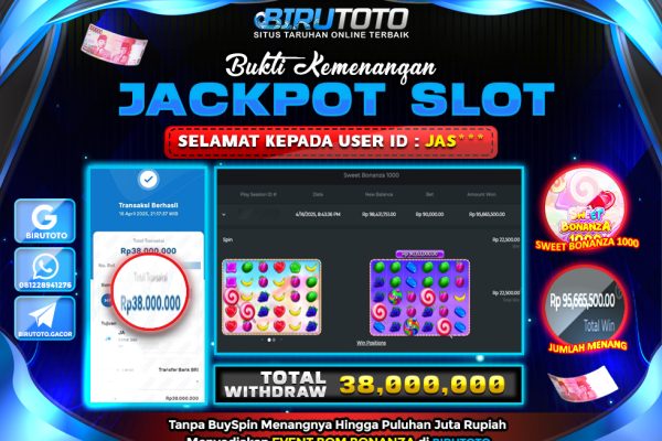 Bukti JP Slot Sweet Bonanza 1000 BIRUTOTO 17 April 2025 Rp 38.000.000, – LUNAS