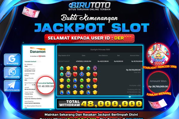 Bukti JP Slot Starlight Princess 1000 BIRUTOTO 20 April 2025 Rp 48.000.000, – LUNAS