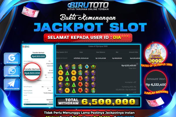 Bukti JP Slot Gates Of Olympus 1000 BIRUTOTO 22 April 2025 Rp 6.500.000, – LUNAS
