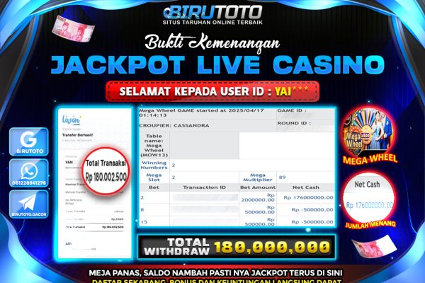 Bukti JP Live Casino Mega Wheel BIRUTOTO 17 April 2025 Rp 180.000.000, – LUNAS