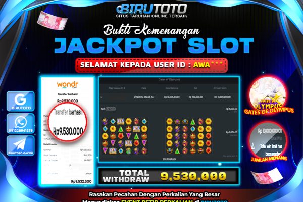 Bukti JP Slot Gates Of Olympus BIRUTOTO 19 April 2025 Rp 9.530.000, – LUNAS