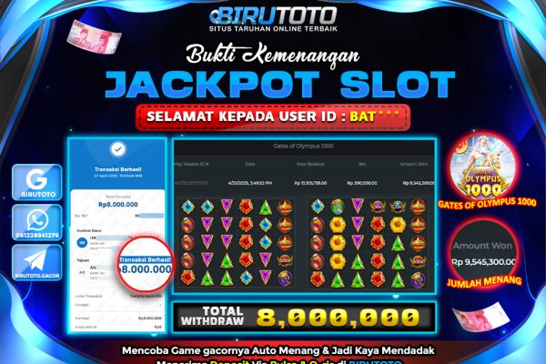 Bukti JP Slot Gates Of Olympus 1000 27 April 2025 Rp 8.000.000, – LUNAS
