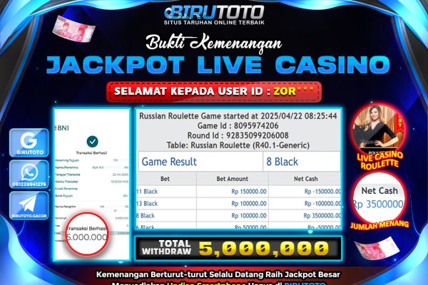Bukti JP Live Casino Roulette BIRUTOTO 22 April 2025 Rp 5.000.000, – LUNAS