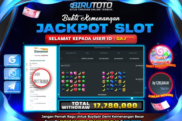 Bukti JP Slot Sweet Bonanza Xmas BIRUTOTO 09 April 2025 Rp 17.780.000, – LUNAS