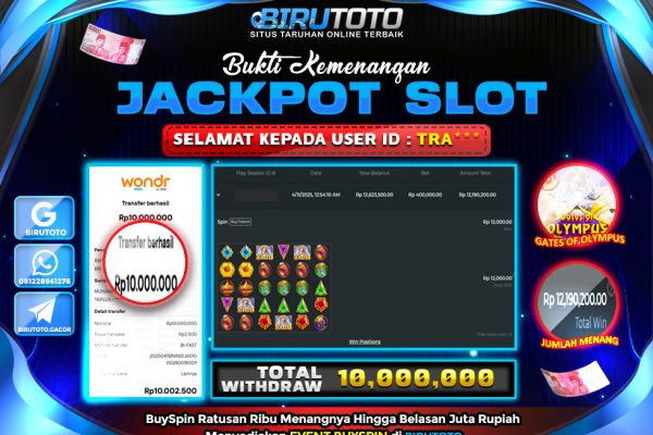Bukti JP Slot Gates Of Olympus BIRUTOTO 11 April 2025 Rp 10.000.000, – LUNAS