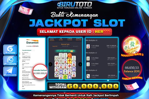 Bukti JP Slot Mahjong Ways 2 BIRUTOTO 19 April 2025 Rp 60.000.000, – LUNAS