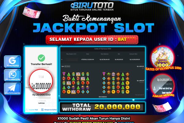 Bukti JP Slot Gates Of Olympus 1000 BIRUTOTO 13 April 2025 Rp 20.000.000, – LUNAS