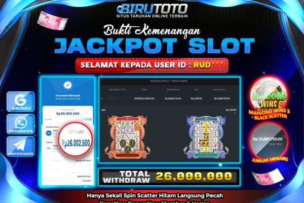 Bukti JP Slot Mahjong Wins 3 – Black Scatter BIRUTOTO 20 Mei 2025 Rp 26.000.000- LUNAS