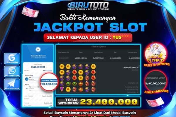Bukti JP Slot Gates Of Olympus BIRUTOTO 08 Mei 2025 Rp 23.400.000- LUNAS