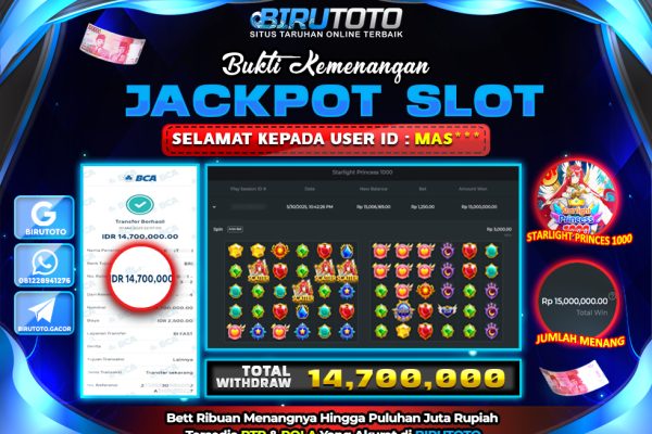 Bukti JP Slot Starlight Princess 1000 BIRUTOTO 31 Mei 2025 Rp 14.700.000- LUNAS