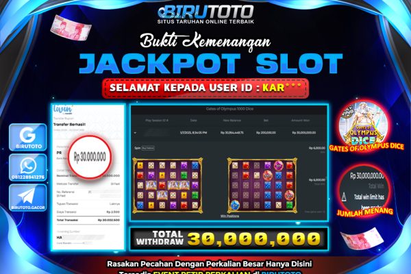 Bukti JP Slot Gates Of Olympus Dice 02 Mei 2025 Rp 30.000.000 – LUNAS