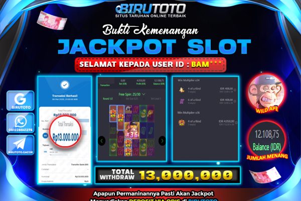 Bukti JP Slot Wild Ape BIRUTOTO 07 Mei 2025 Rp 13.000.000- LUNAS