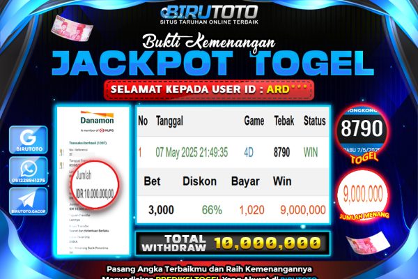 Bukti JP Togel BIRUTOTO 08 Mei 2025 Rp 10.000.000, – LUNAS