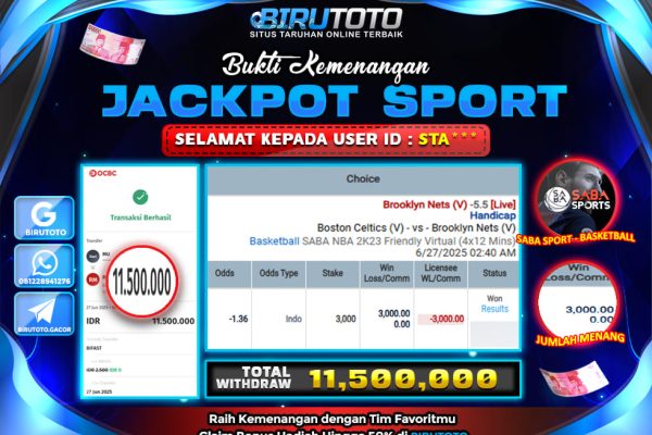 Bukti JP Sport Saba Basketball BIRUTOTO 27 Juni 2025 Rp 11.500.000 – LUNAS