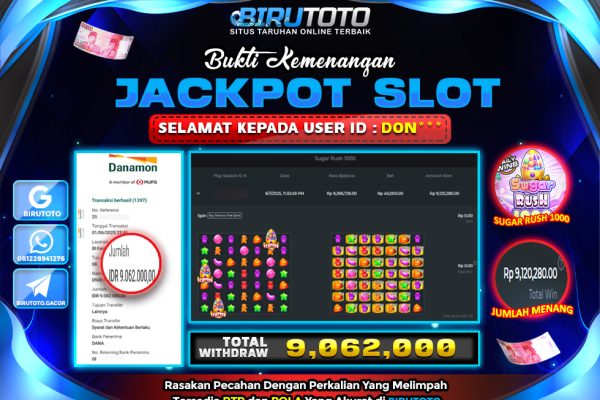 Bukti JP Slot Sugar Rush 1000 BIRUTOTO 02 Juni 2025 Rp 9 .062.000- LUNAS