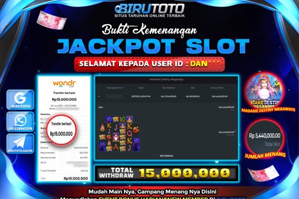 Bukti JP Slot Madame Destiny Megaways BIRUTOTO 03 Juni 2025 Rp 15.000.000- LUNAS