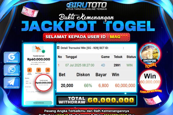 Bukti JP Togel Singapore BIRUTOTO 08 Juli 2025 Rp 60.000.000- LUNAS