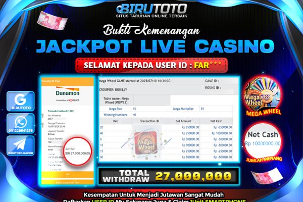Bukti JP Live Casino Mega Wheel BIRUTOTO 11 Juli 2025 Rp 27.000.000, – LUNAS
