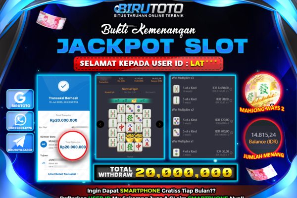 Bukti JP Slot Mahjong Ways 2 BIRUTOTO 15 Juli 2025 Rp 20.000.000- LUNAS