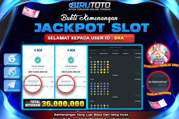 Bukti JP Slot Starlight Princess 1000 BIRUTOTO 03 Juli 2025 Rp 36.000.000- LUNAS
