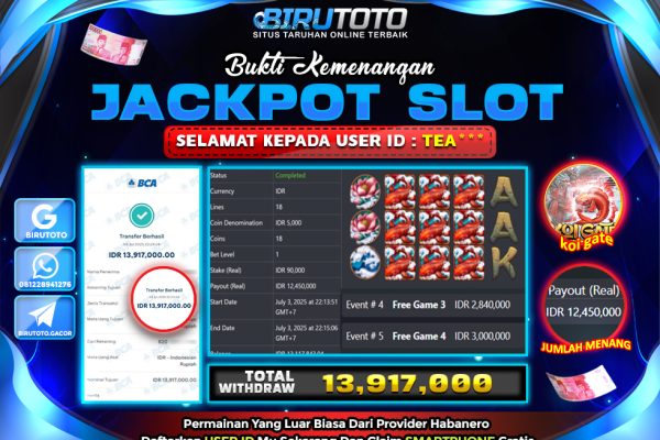 Bukti JP Slot Koi Gate BIRUTOTO 04 Juli 2025 Rp 13.917.000- LUNAS