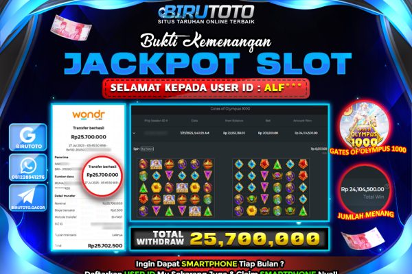 Bukti JP Slot Gates Of Olympus 1000 BIRUTOTO 27 Juli 2025 Rp 25.700.000- LUNAS