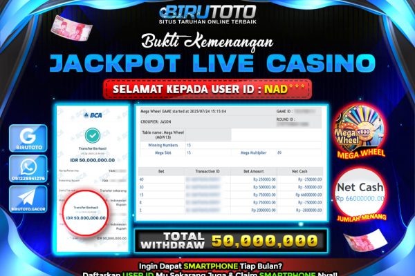 Bukti JP Live Casino Mega Wheel BIRUTOTO 25 Juli 2025 Rp 50.000.000, – LUNAS