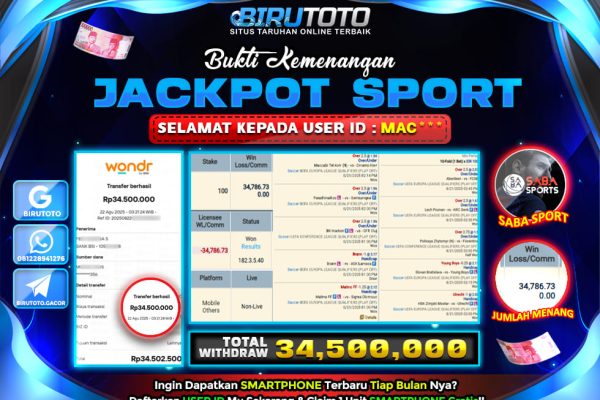 Bukti JP Sport Saba Mix Parlay BIRUTOTO 22 Agustus 2025 Rp 34.500.000 – LUNAS