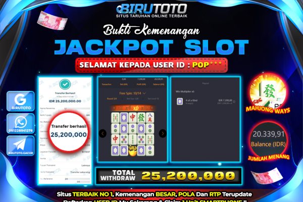 Bukti JP Slot Mahjong Ways BIRUTOTO 27 September 2025 Rp 25.200.000, – LUNAS