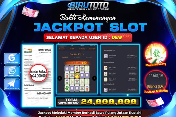 Bukti JP Slot Mahjong Ways 2 BIRUTOTO 18 September 2025 Rp 24.000.000 – LUNAS