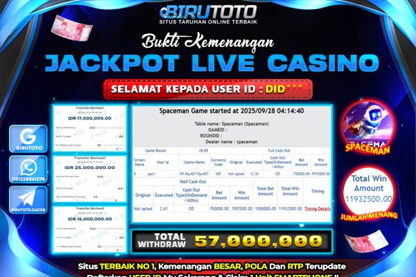 Bukti JP Live Casino Spaceman BIRUTOTO 28 September 2025 Rp 57.000.000, – LUNAS