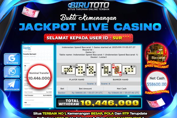 Bukti JP Live Casino Speed Baccarat BIRUTOTO 19 September 2025 Rp.10.446.00,- LUNAS