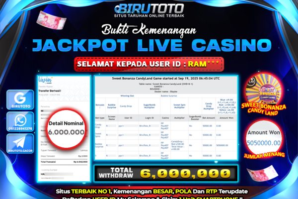 Bukti JP live Casino Sweet Bonanza Candy Land BIRUTOTO 19 September 2025 Rp 6.000.000,- LUNAS