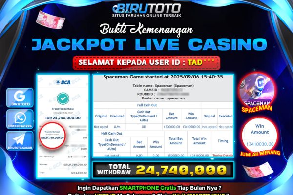 Bukti JP Live Casino Spaceman BIRUTOTO 07 September 2025 Rp 24.740.000, – LUNAS
