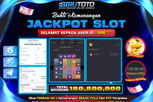 Bukti JP Slot Lucky Neko BIRUTOTO 21 September 2025 Rp 180.800.000,- LUNAS