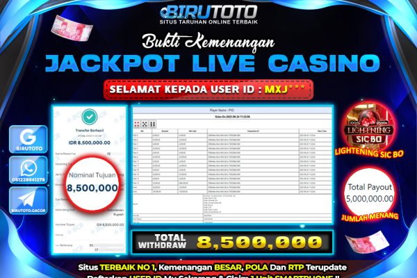 Bukti JP Live Casino Sicbo BIRUTOTO 24 September 2025 Rp 8.500.000, – LUNAS