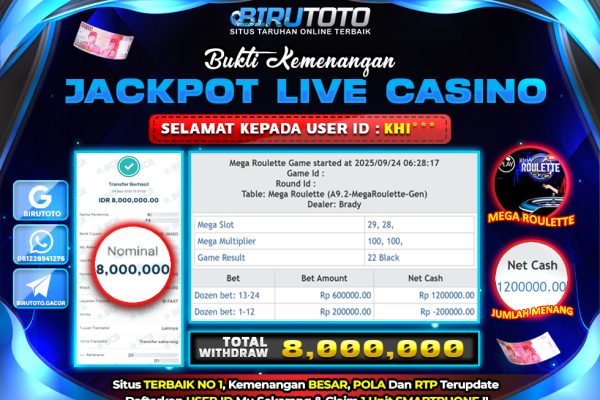 Bukti JP Live Casino Mega Roulette BIRUTOTO 25 September 2025 Rp 8.000.000, – LUNAS