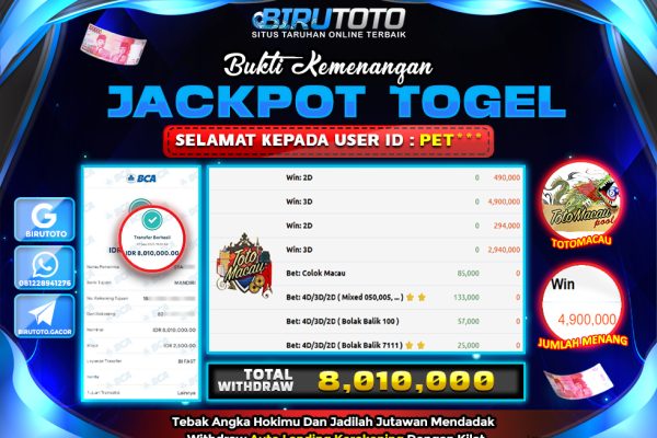 Bukti JP Togel Totomacau BIRUTOTO 07 September 2025 Rp 8.010.000- LUNAS