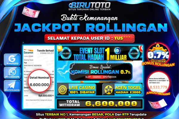 Bukti JP Bonus Rollingan BIRUTOTO 20 Oktober 2025 Rp 20.000.000,- LUNAS