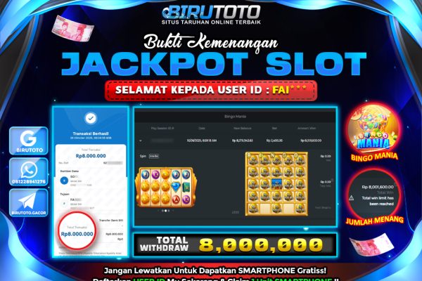 Bukti JP Slot Bingo Mania BIRUTOTO 26 Oktober 2025 Rp 8.000.000,- LUNAS