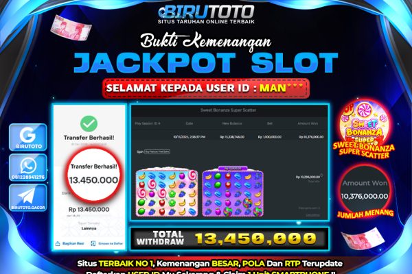 Bukti JP Slot Sweet Bonanza Super Scatter BIRUTOTO 15 Oktober 2025 Rp 13.450.000,- LUNAS