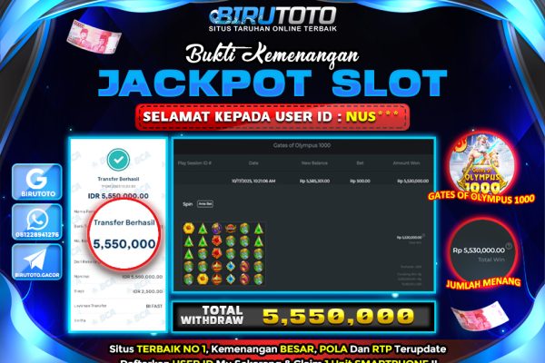 Bukti JP Slot Gates Of Olympus 1000 BIRUTOTO 17 Oktober 2025 Rp 5.550.000,- LUNAS